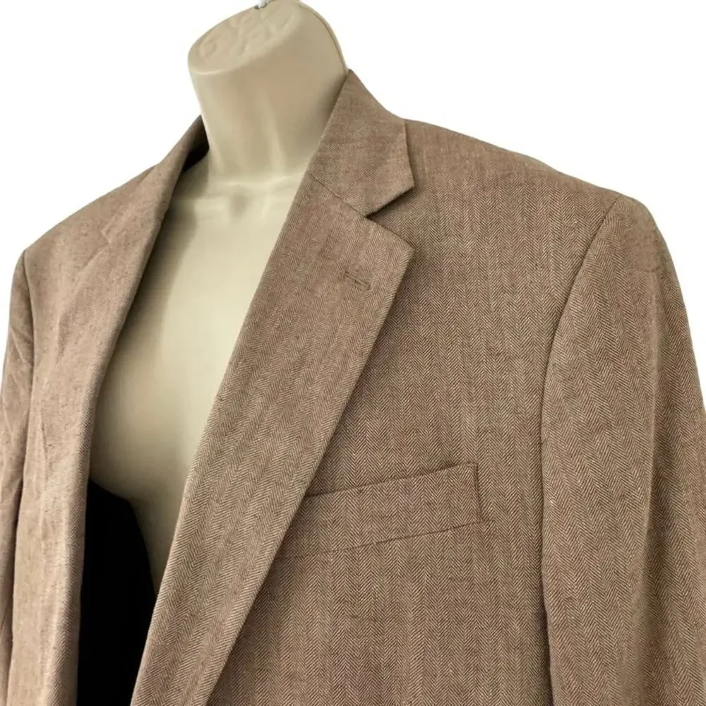 Stafford Signature Classic Fit Brown Herringbone Linen Suit Jacket Blazer 44 R